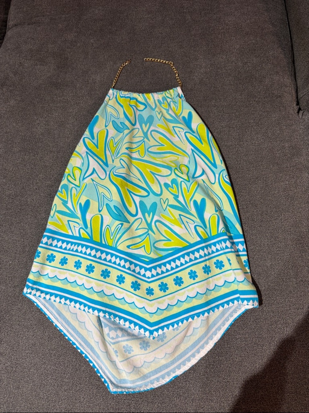 Women’s Blue & Yellow Patterned Handkerchief Hem Skirt- neck chain broken -S